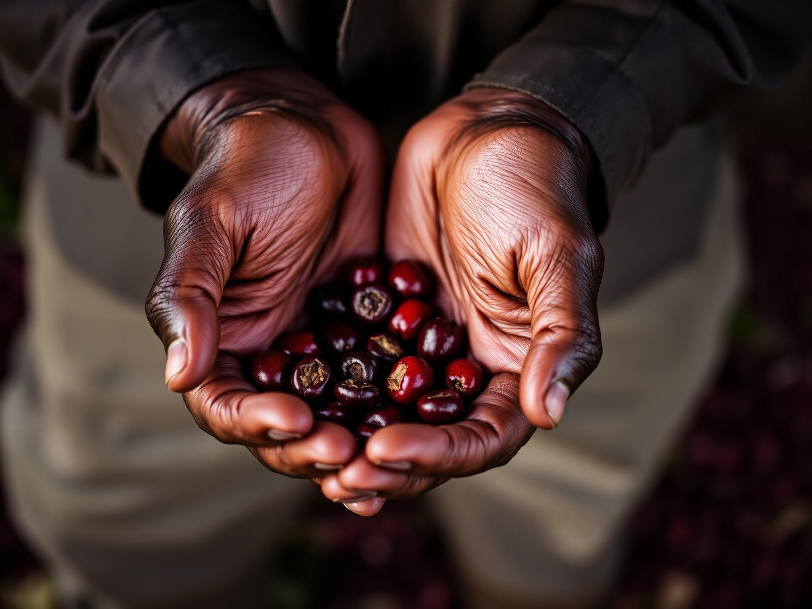 Farmer holding ripe coffee cherries